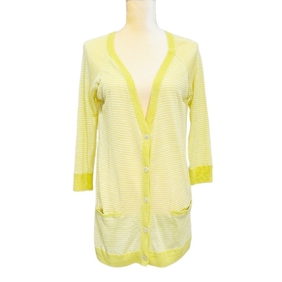 Joie Small Cardigan Sweater Celadon Green & White Linen Silk Striped V-Neck EUC - Picture 1 of 7